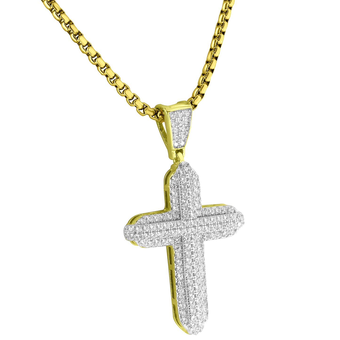 Sterling Silver Cross Pendant Pave Set Simultaed Diamonds 24" Box Necklace Chain