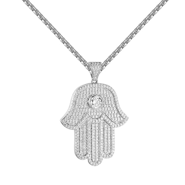 Solitaire Hamsa Hand Pendant Simulated Diamond Stainless Steel Chain