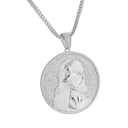 Jesus Christ Round Charm Pendant Necklace Set 14k White Gold Finish New
