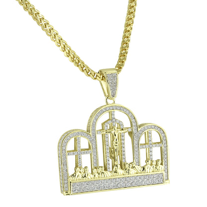 Last Supper Jesus Pendant Crucifix Of Christ 14K Gold Finish Stainless Steel Franco Necklace
