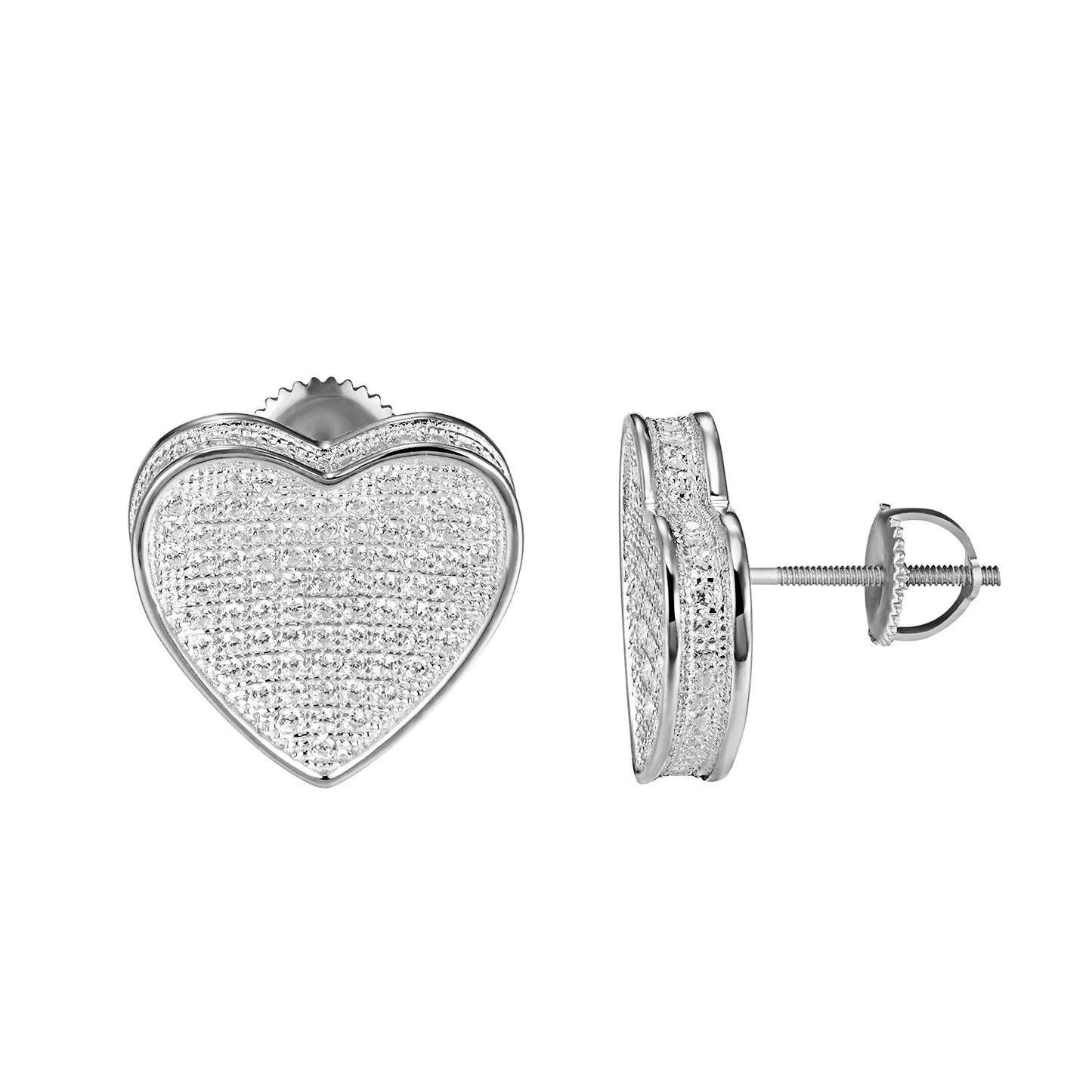 Sterling Silver Heart Shape Earrings Simulated Diamonds Screw On 16mm Classy