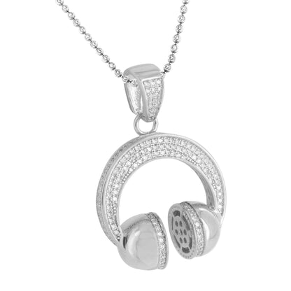Sterling Silver Headphones Pendant White Gold Finish Chain