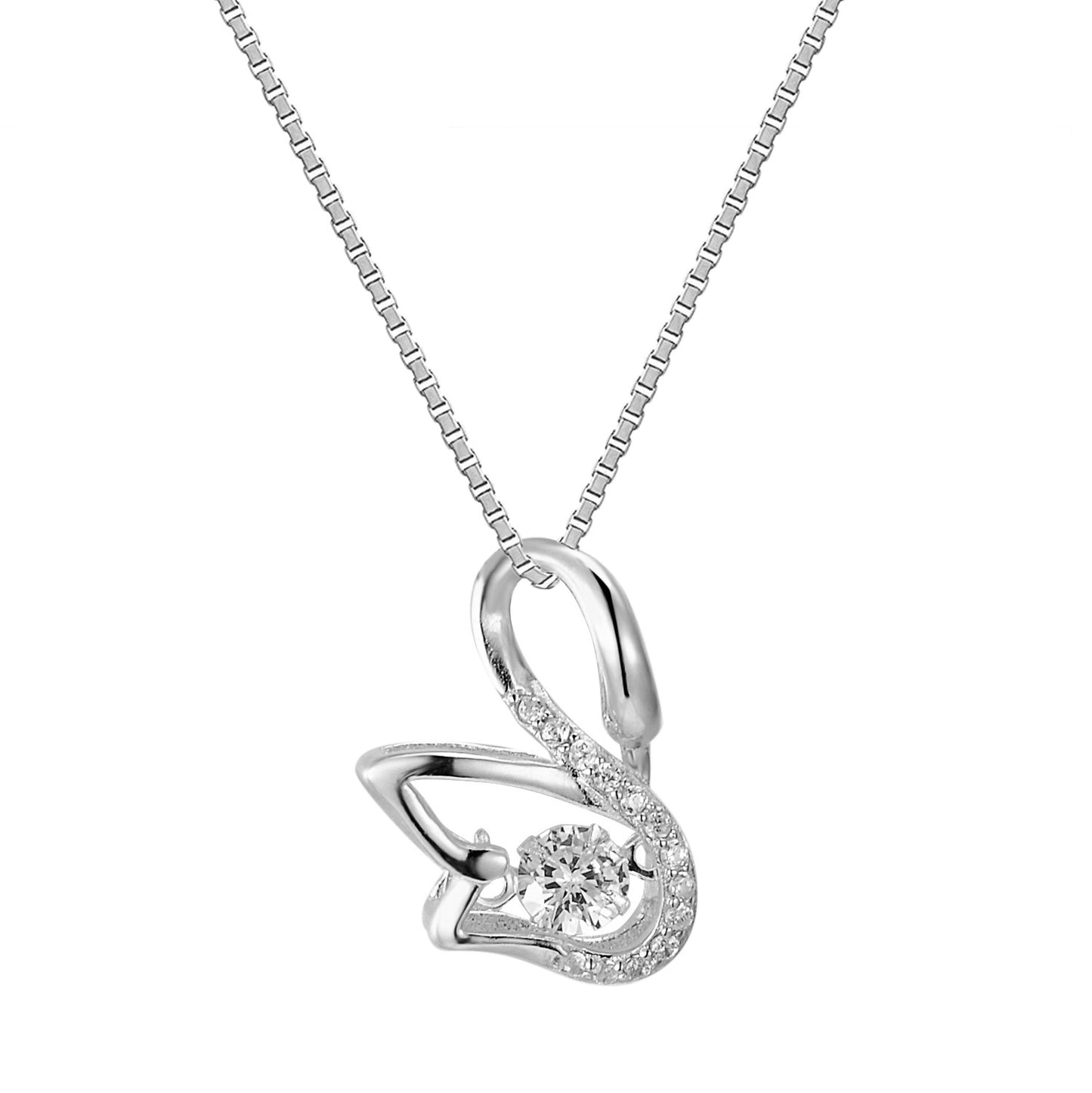 Sterling Silver Elegant Dancing Swan Solitaire Simulated Diamond Charm Pendant Free Chain