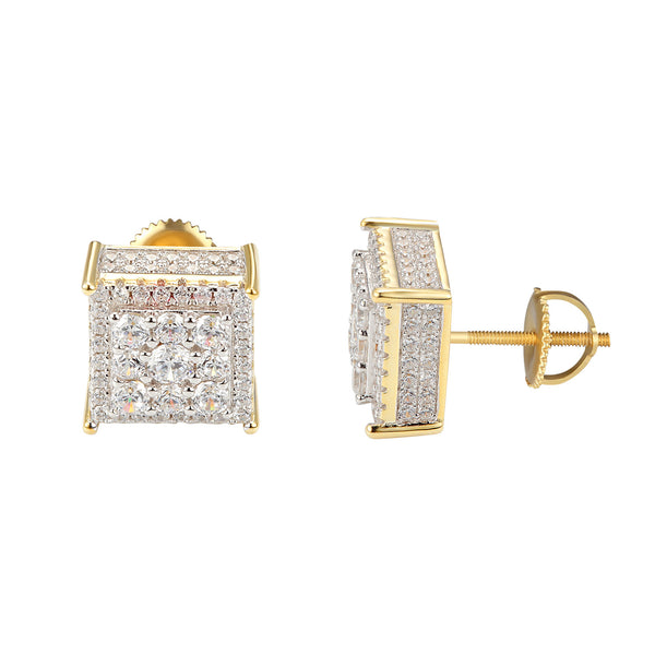 Sterling Silver Square Cluster Bling 14k Gold Finish Earrings