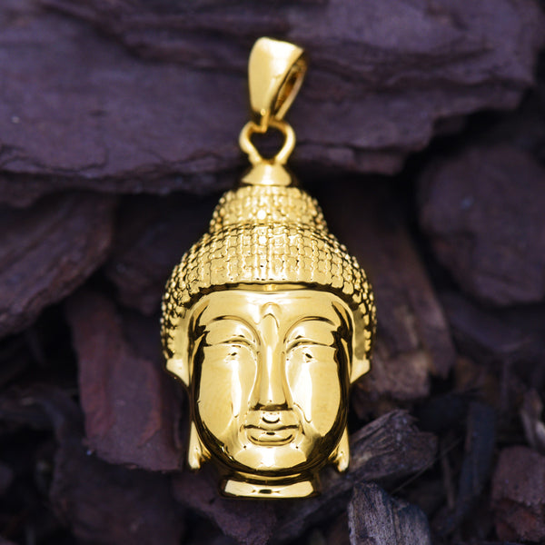 Mens Buddha Head Piece Pendant 18K Yellow Gold Finish