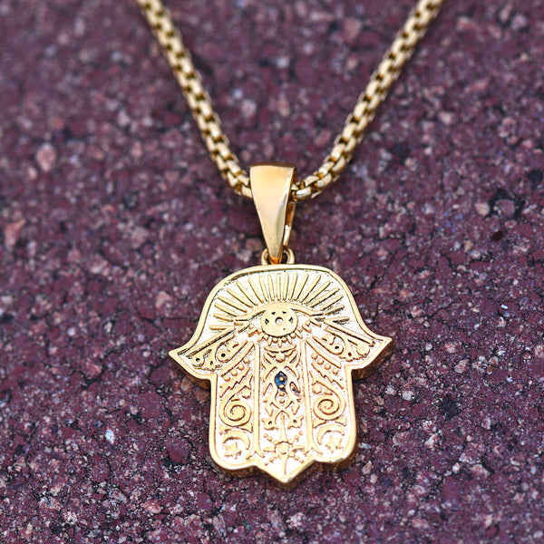 Mini Hamsa Hand Pendant Necklace 18K Gold Finish Evil Eye