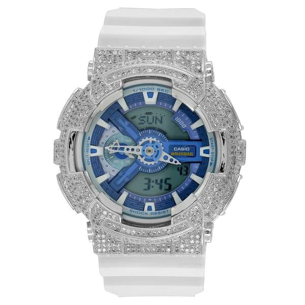 Custom G-Shock Watch Blue Dial GA110WB-7A White Silicone Band Ana-Dig