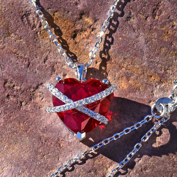 Women Real Silver Ruby Red Lab Diamond Heart Charm Set