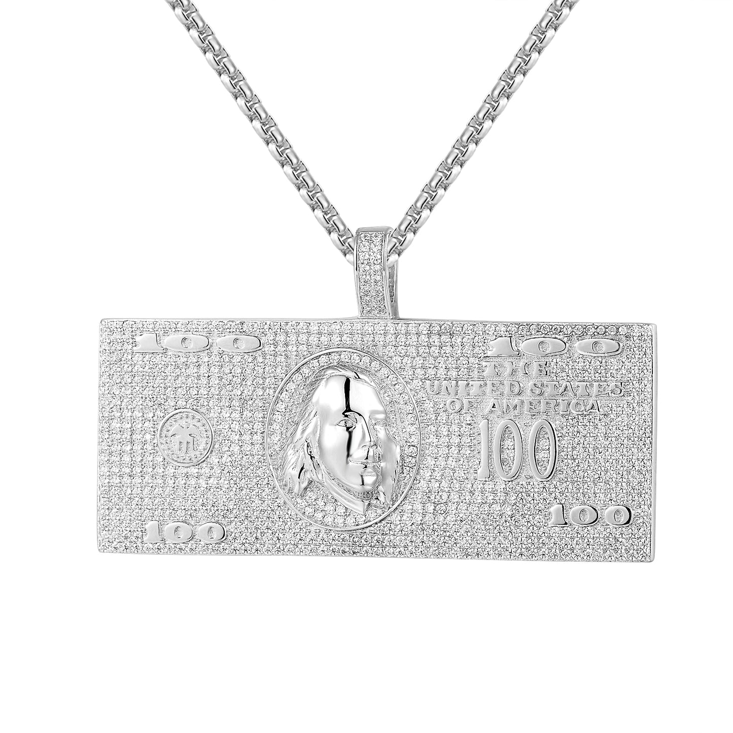 14k White Gold Finish 100 Dollar Bill Note Pendant Chain Combo Icy New