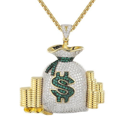 Sterling Silver Money Bag Bling Cash Coins Pendant