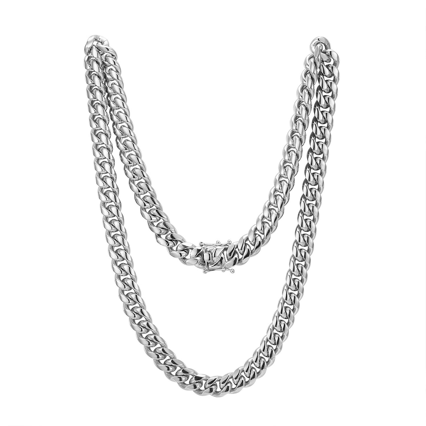 Stainless Steel 12mm Miami Cuban Link 14k White Gold Finish Chain 24" Plain Designer Necklace