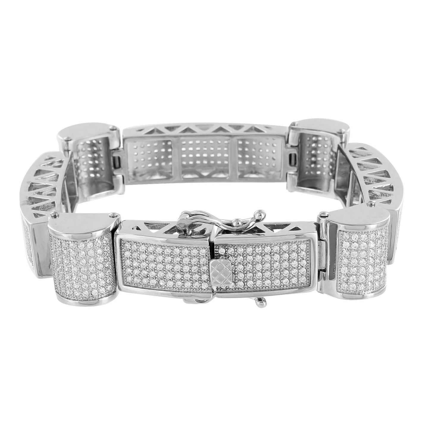 Mens White Gold Bracelet Lab Diamonds 14K Finish Solid Stainless Steel Dome Link