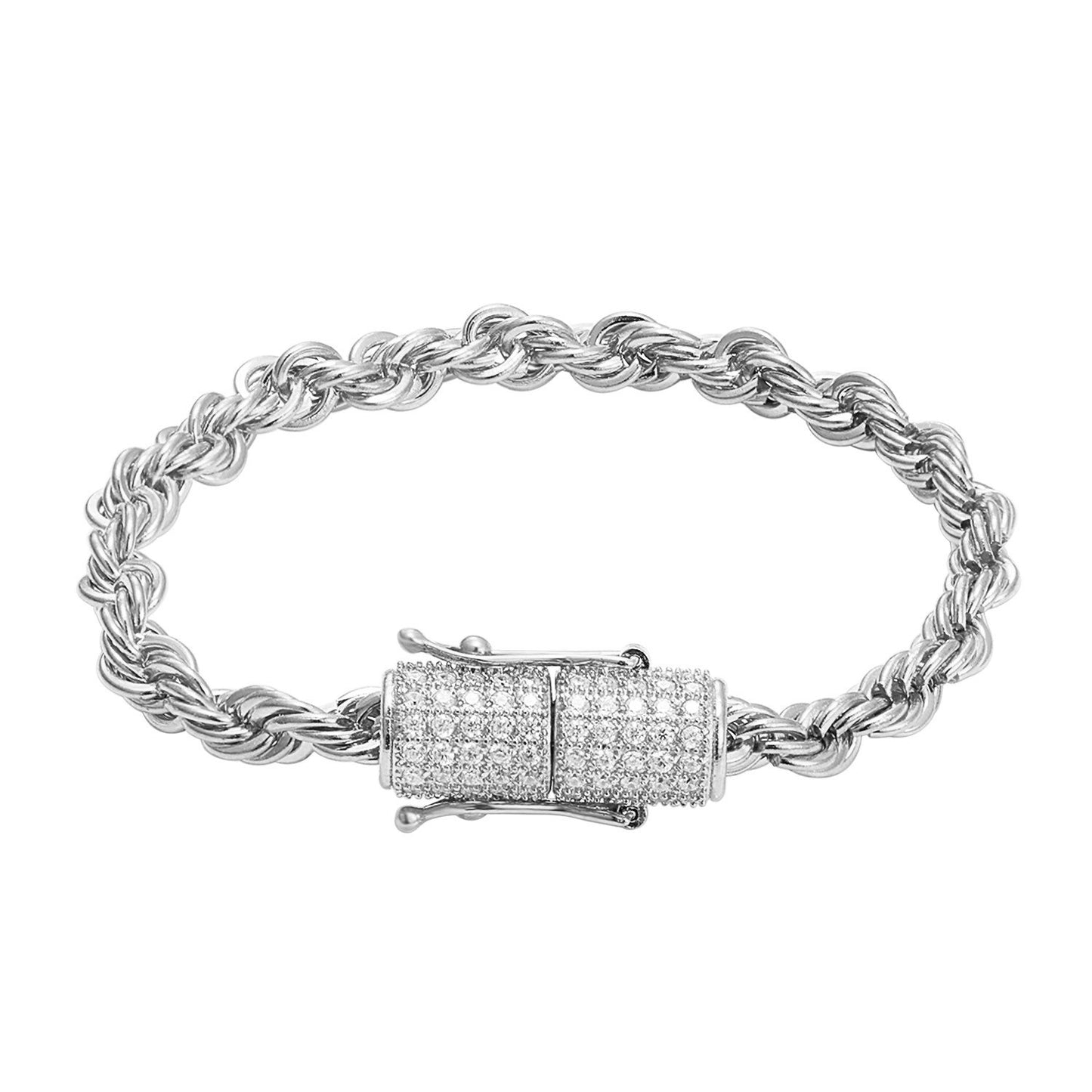 Stainless Steel 14k White Gold Finish 6mm Rope Bracelet Designer New Bling Lock