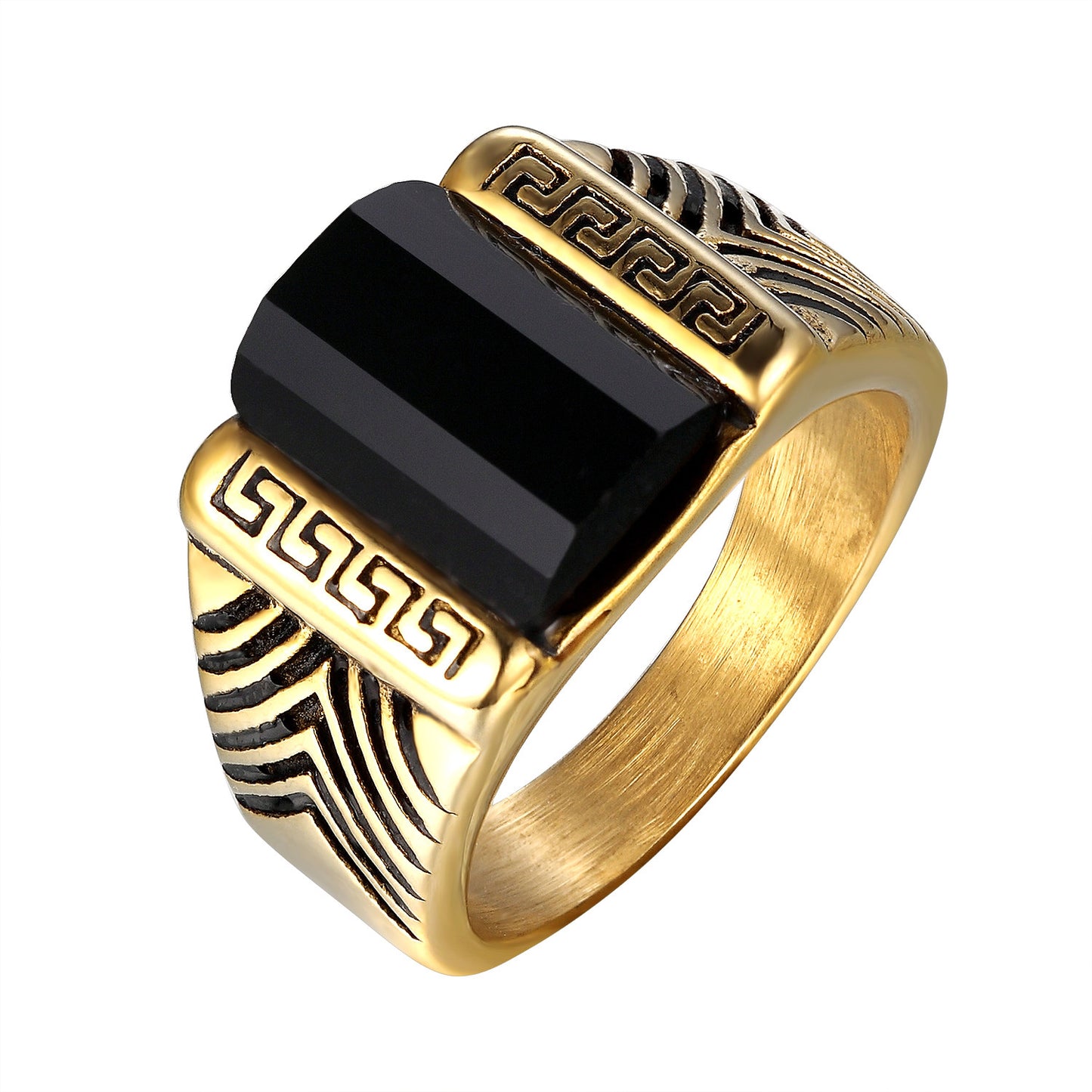 Stainless Steel Mens Ring Greek Design Black Solitaire Stone