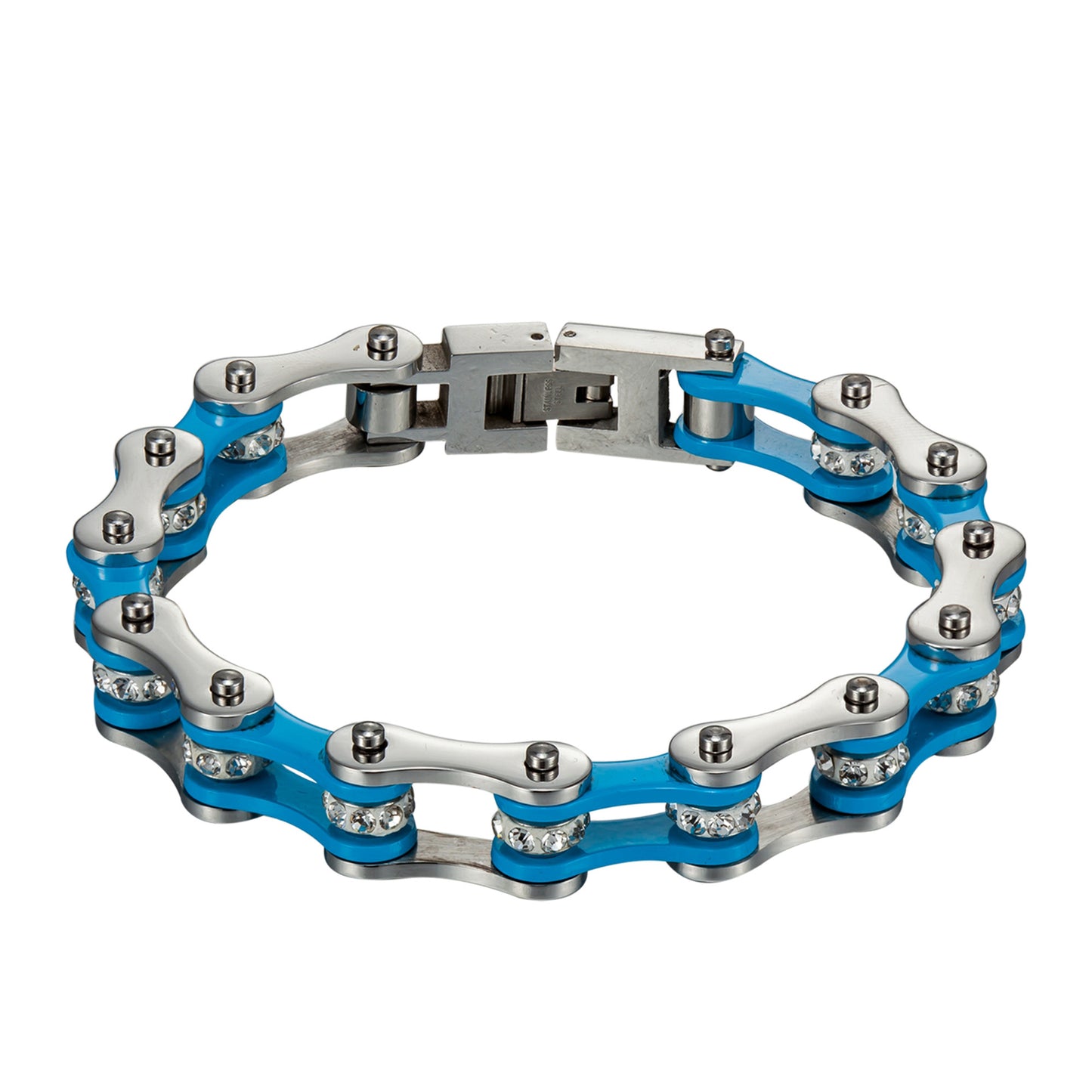 Motorbike Link Chain Bracelet Stainless Steel Blue White 10 MM Mens Custom Made