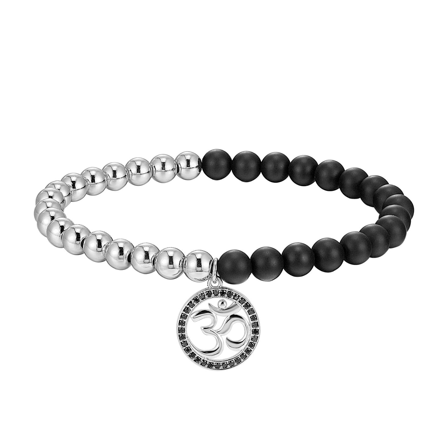Men's Beaded Bracelet Religious Om Mantra Matte Black White Bead