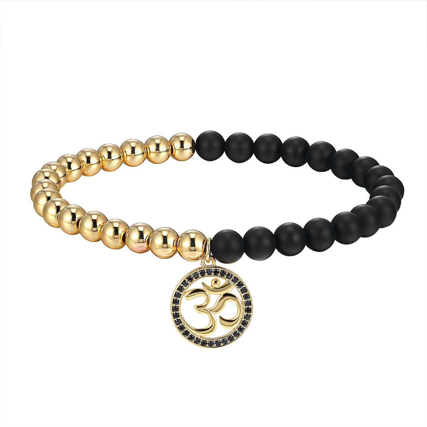 Designer Bead Bracelet 14k Gold Finish Religious Om Mantra Charm Matte Black  Bead