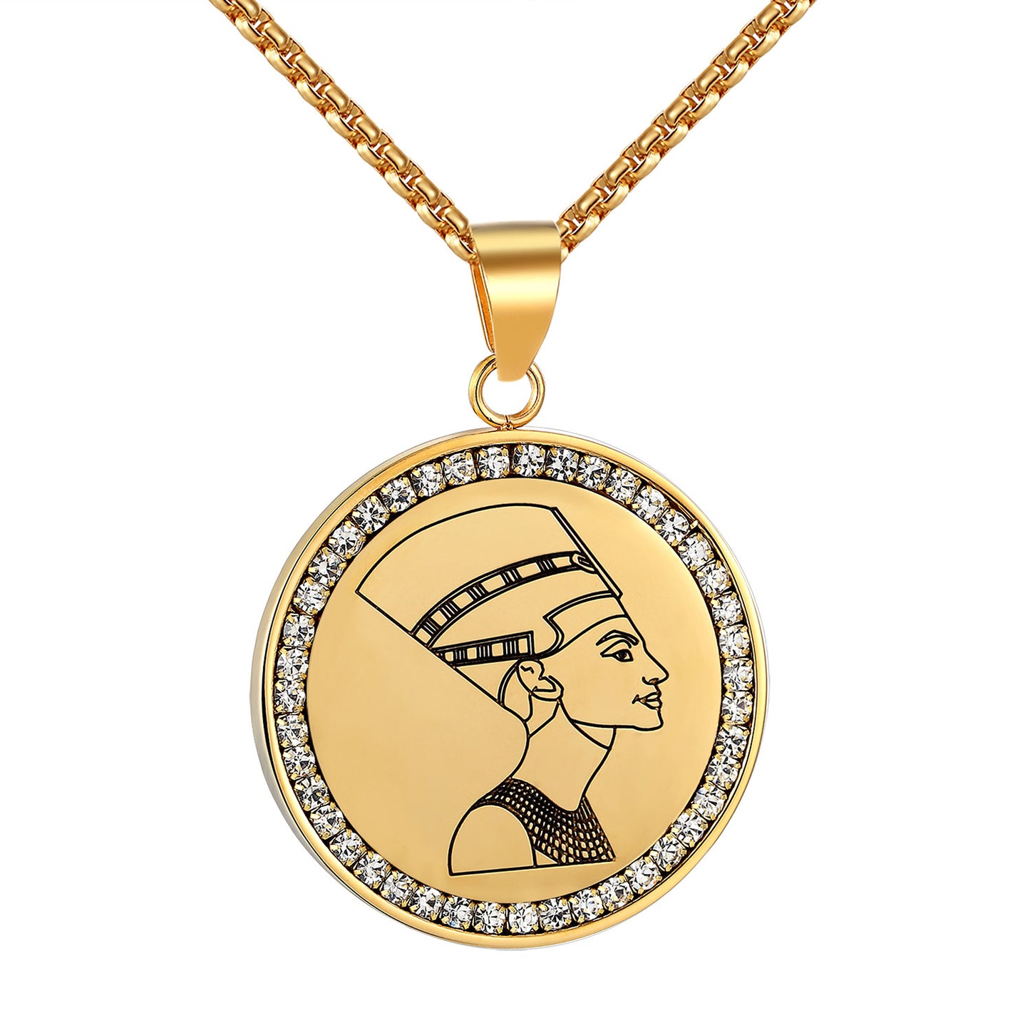 Queen Nefertiti Coin Design Pendant Necklace Simulated Diamond Stainless Steel
