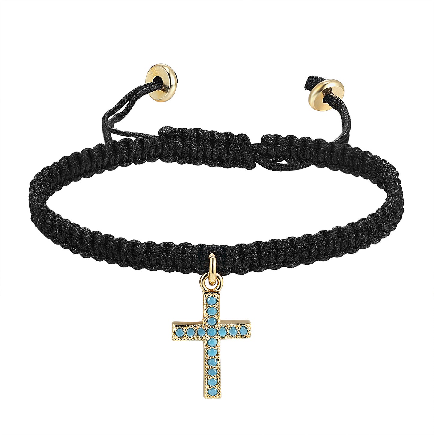 Religious Cross Turquoise Stones Charm Black Braided Woven 14k Gold Finish Bracelet