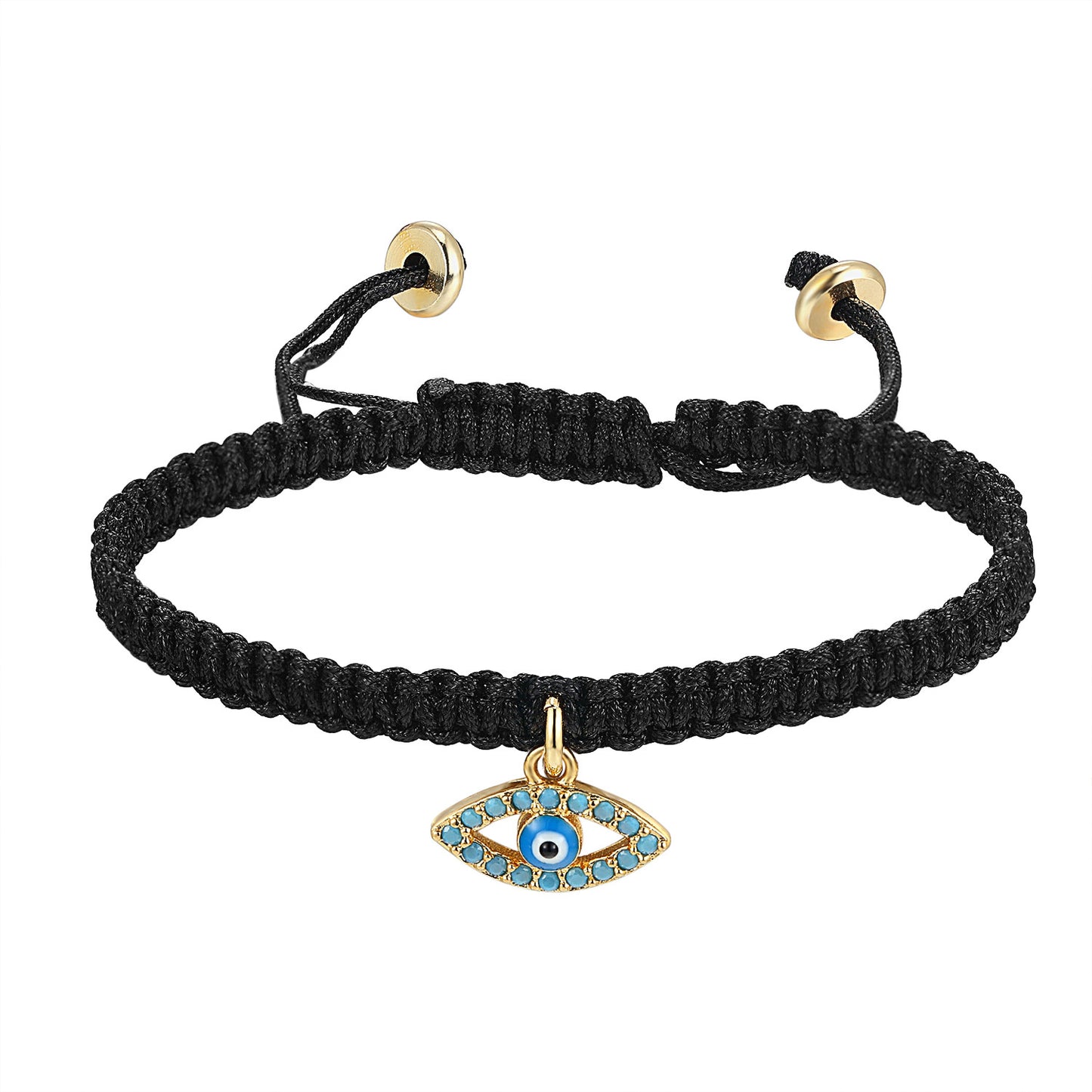 Religious Evil Eye Charm Braided Black Woven 14k Gold Finish Bracelet Turquoise Stones