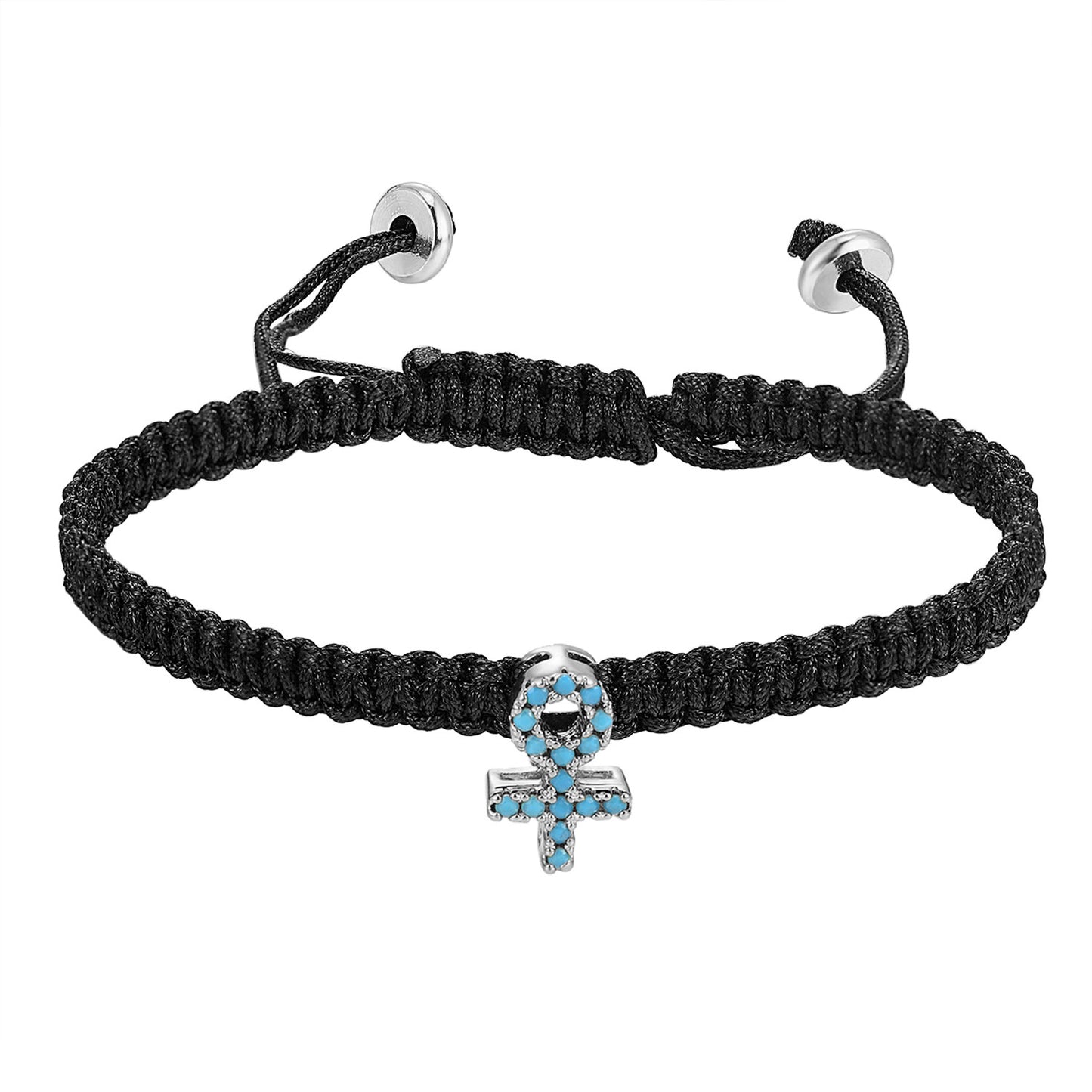 Religious Ankh Cross Charm Turquoise Stones Black Braided Woven Bracelet