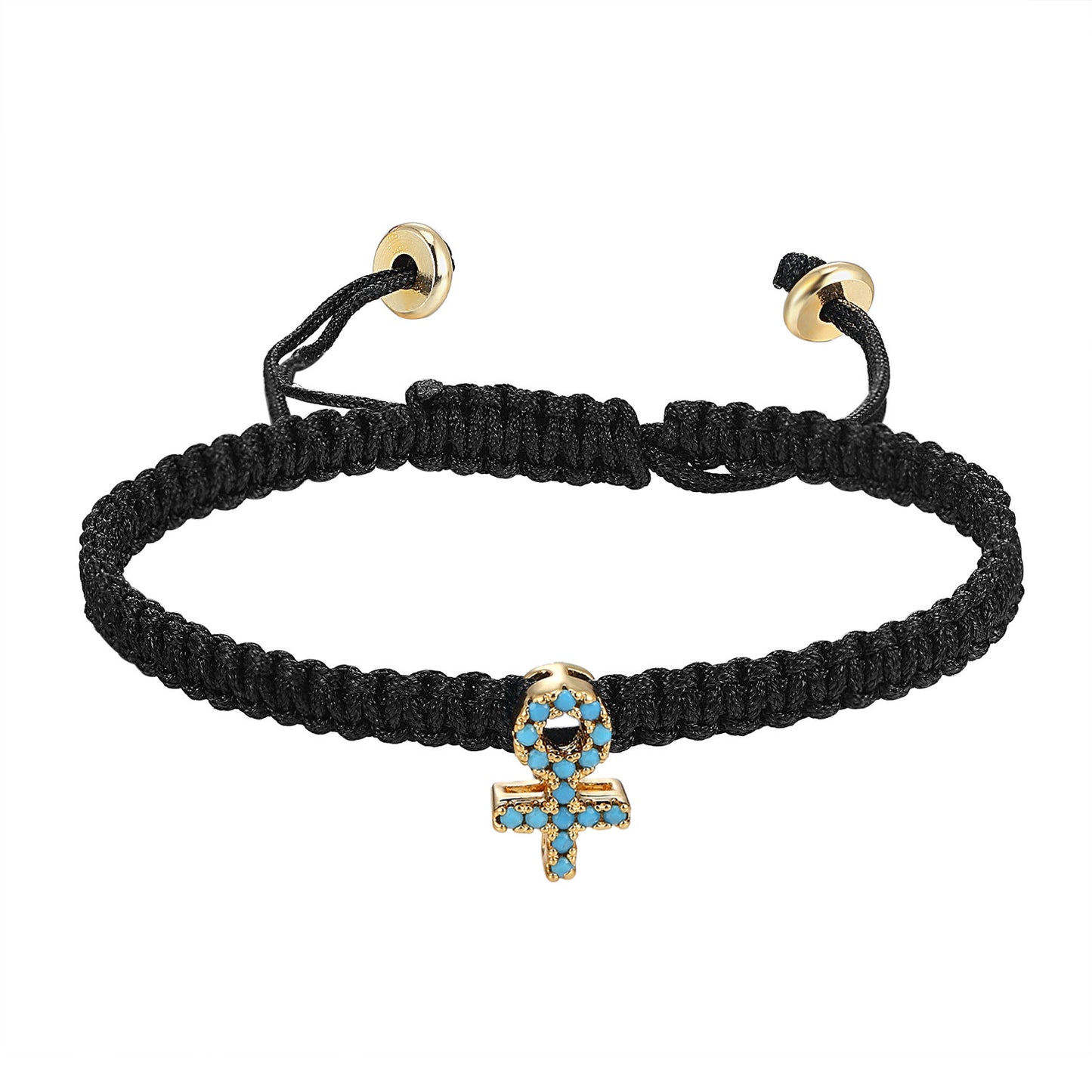 Religious Ankh Cross Charm Turquoise Stones Black Braided 14k Gold Finish Woven Bracelet