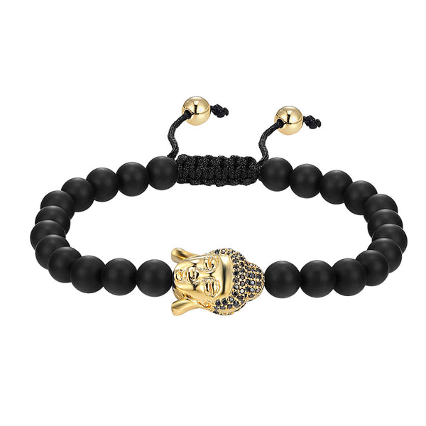 Designer Buddha Head Charm Matte Black Bead 14k Gold Finish Bracelet Braided Lock