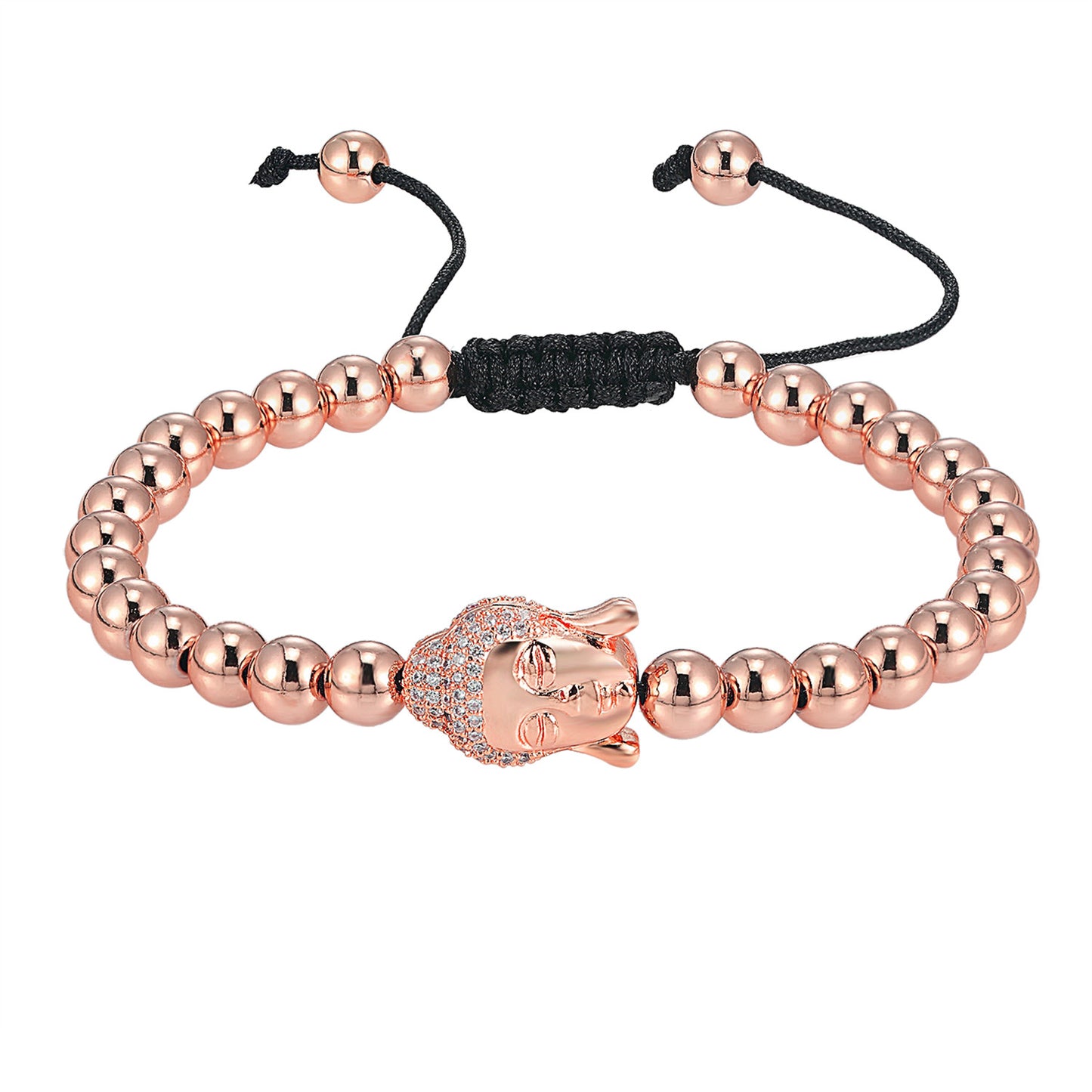 Religious Buddha Head Charm Bracelet 14k Rose Gold Tone Bead Ball Design Braided
