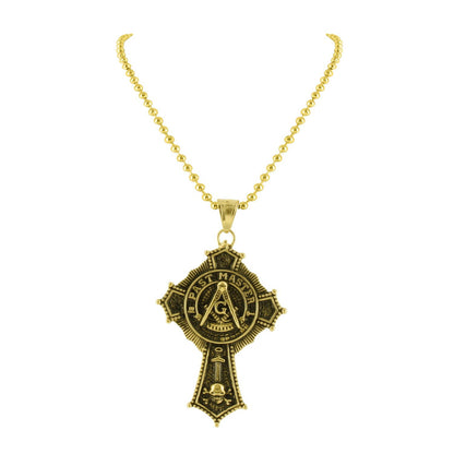 Past Master Masonic Pendant Yellow Gold Over Stainless Steel Moon Cut Necklace