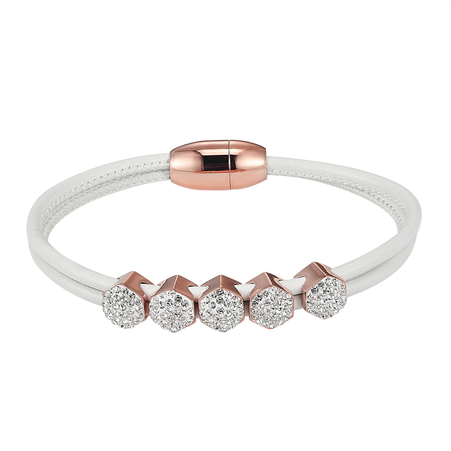 Designer White Leather 14k Rose Gold Finish Hexagon Bling Charm Bracelet Magnetic Clasp
