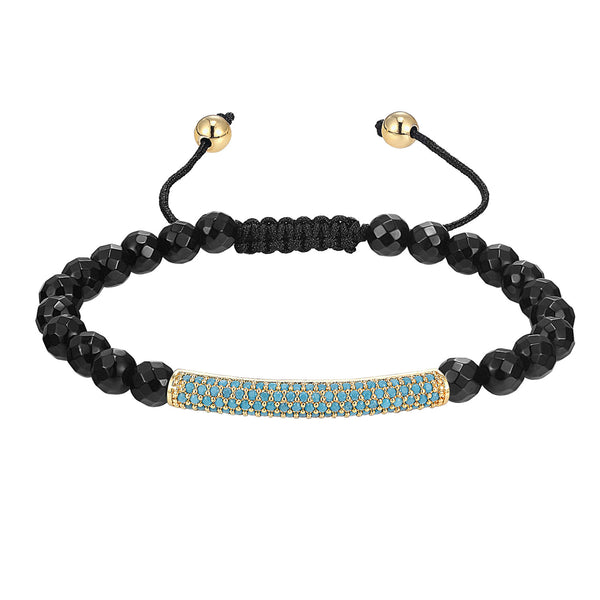 14k Gold Finish ID Bar Design Bracelet Turquoise Stones Black Bead Lin ...