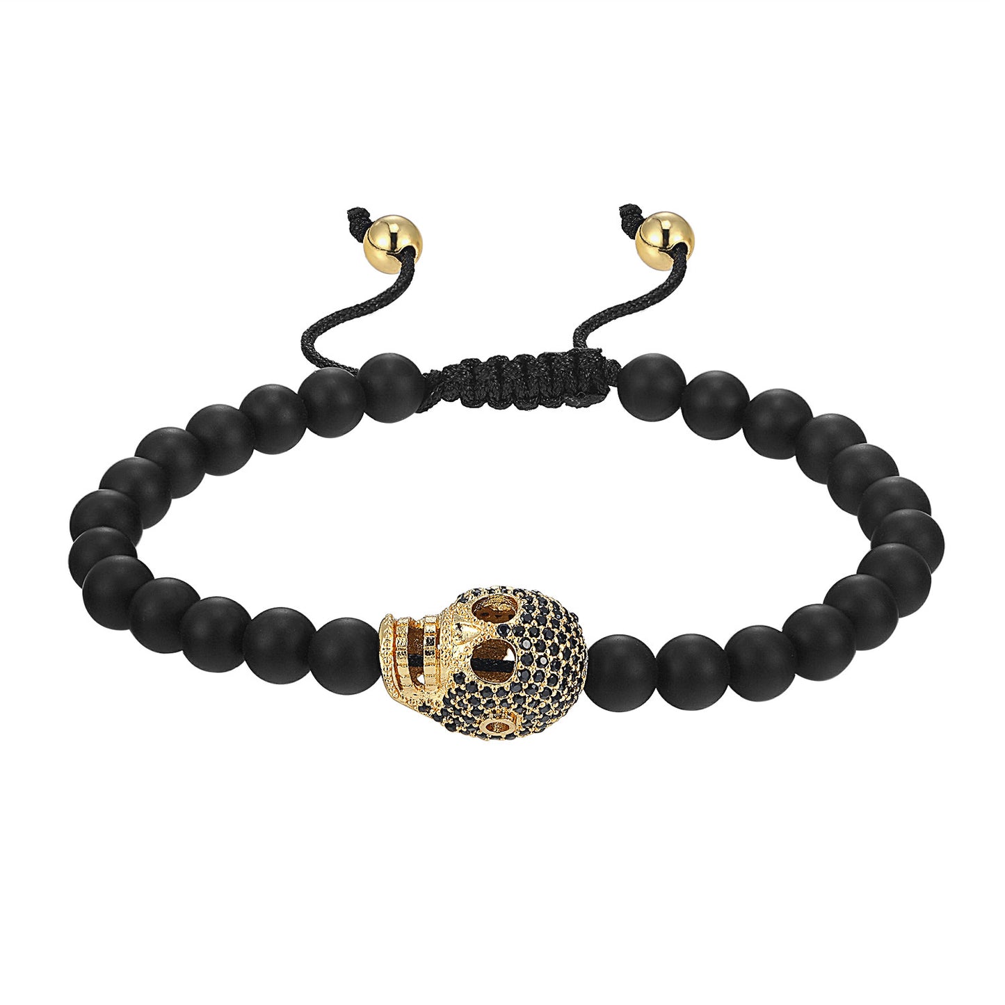 14k Gold Finish Skull Design Bracelet Black Matte Bead Round Ball Links Black Lab Diamonds
