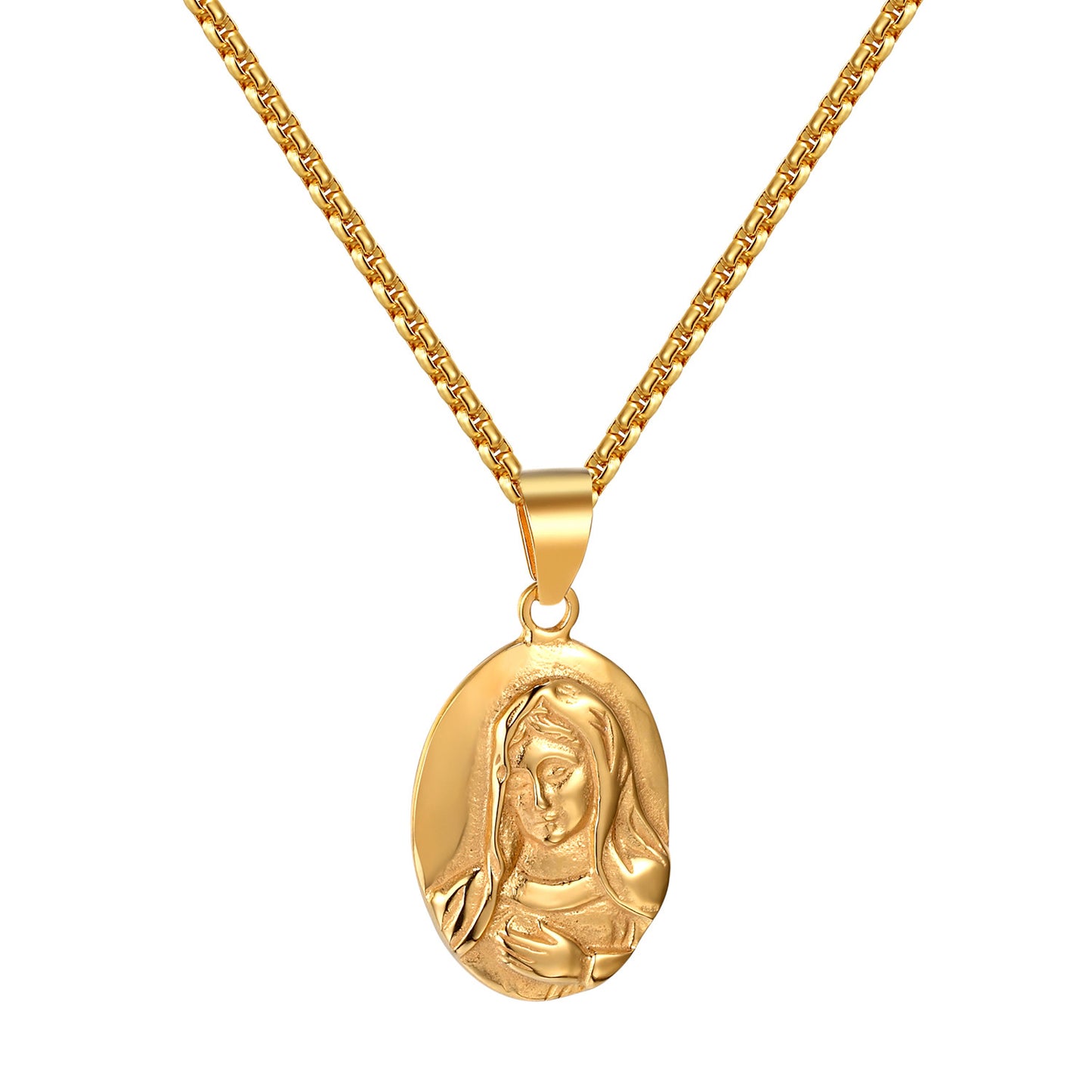 Mother Mary Pendant Portrait Style Stainless Steel Gold Finish