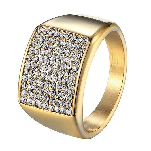 Mens Stainless Steel Engagement Ring PInky  Bling 14k Gold Tone Custom