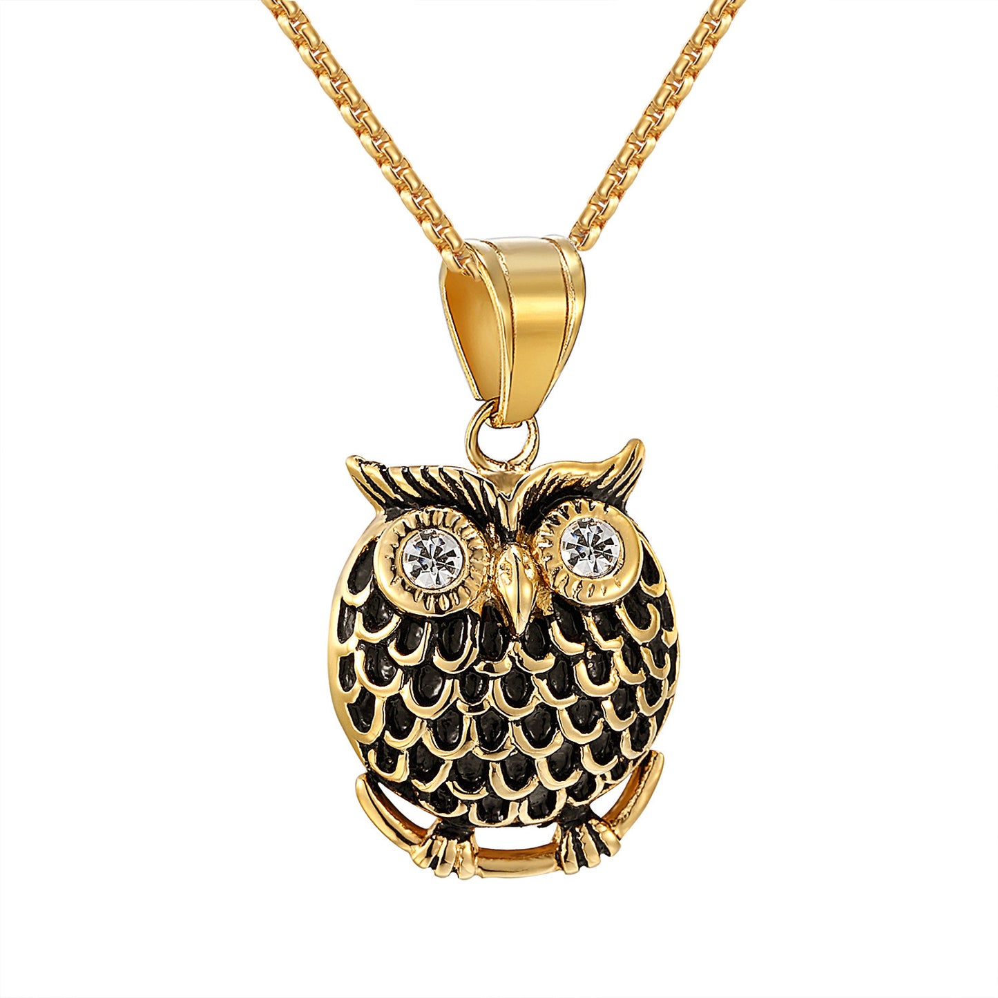 Stainless Steel Owl Pendant Simulated Diamond 14k Gold Tone Box Necklace 24"