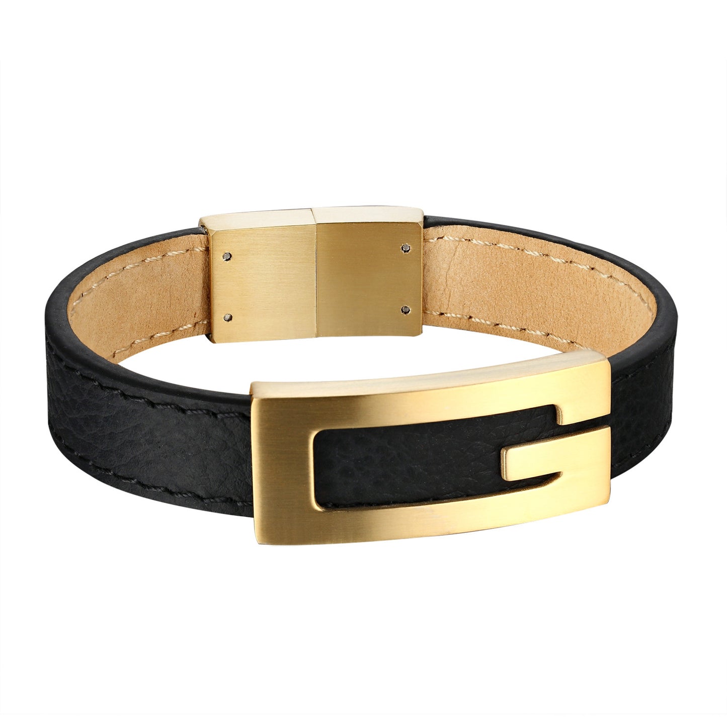 Gold Tone G Buckle Bracelet Unique Mens Black Leather Band Stainless Steel 17mm