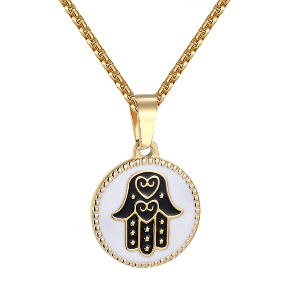 Ladies Hamsa Hand Pendant Stainless Steel Charm Box Necklace 24 Inch Gold Tone