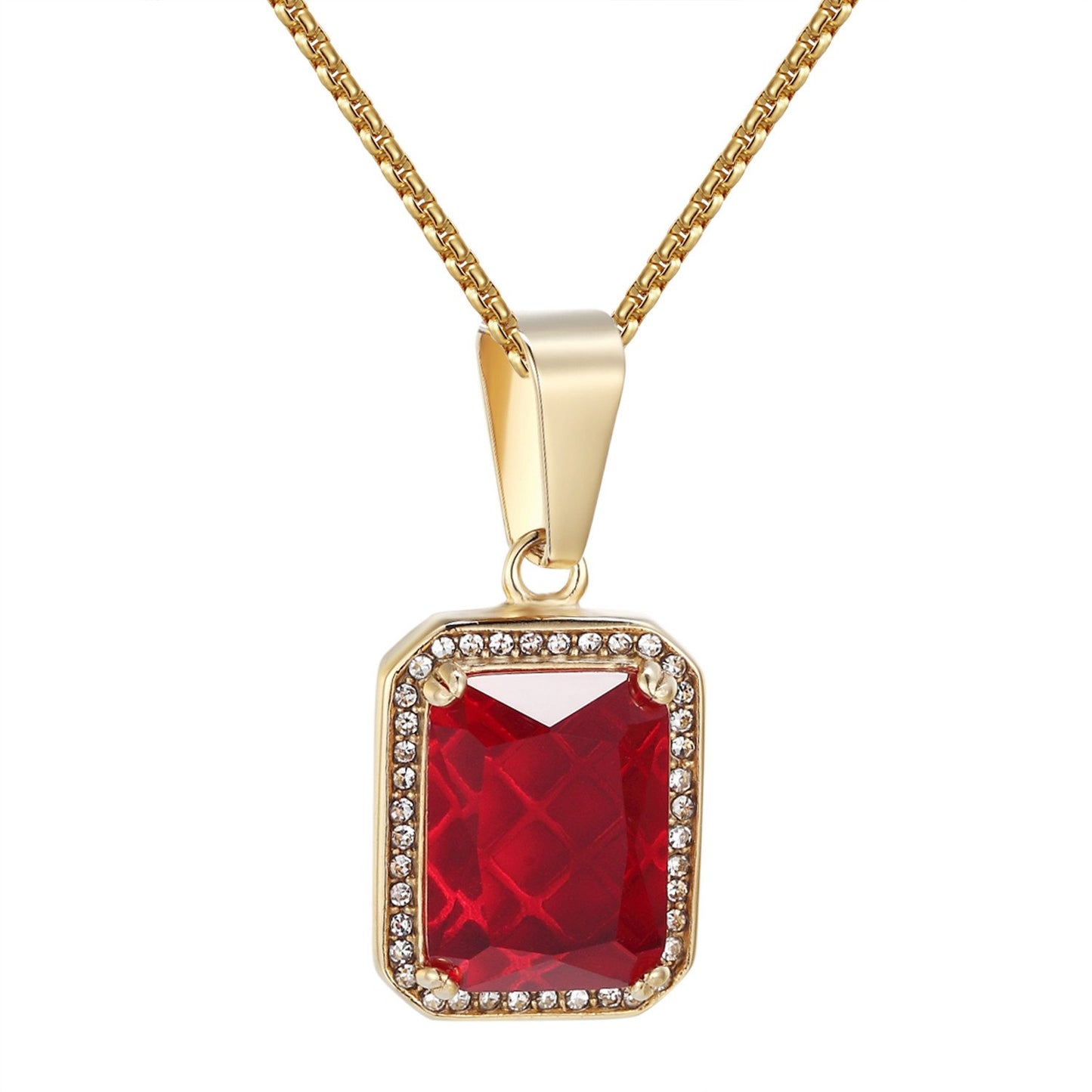 Red Ruby Glass Solitaire Pendant Hip Hop Gold Tone  Stainless Steel Free Chain