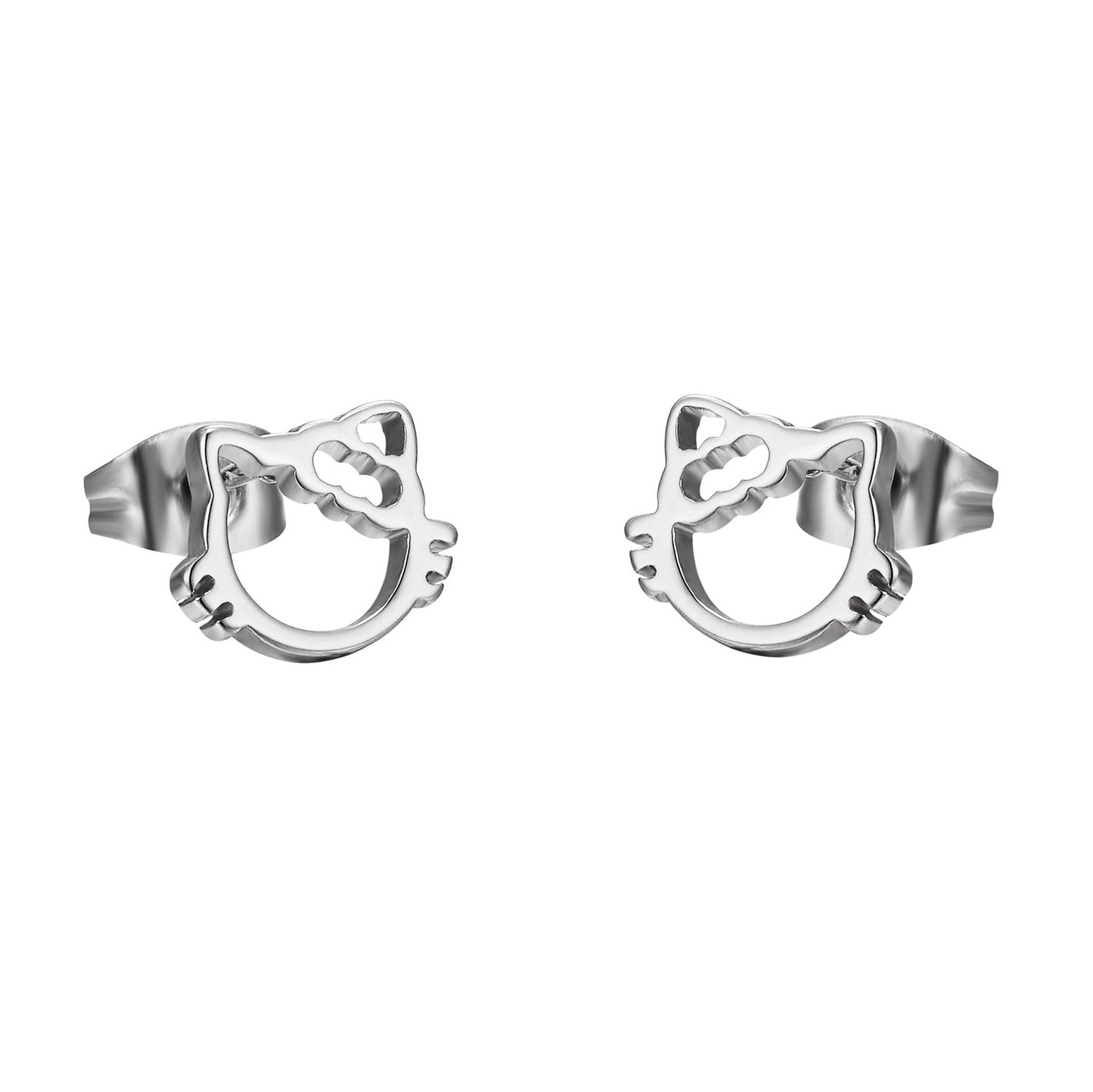 Kitty Earrings Womens Girls Silver Tone Stainless Steel Cat Studs Unique 8mm