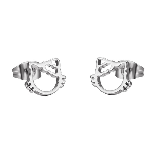 Kitty Earrings Womens Girls Silver Tone Stainless Steel Cat Studs Unique 8mm