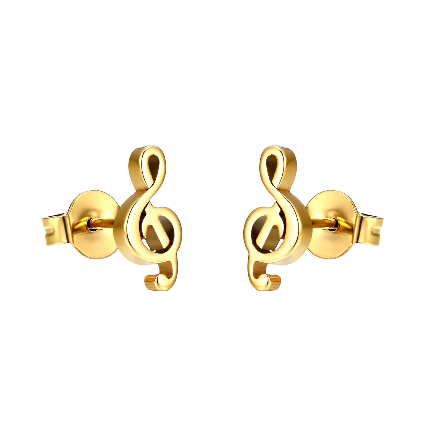 Treble Clef Musical Note Earrings Stainless Steel Studs Yellow Gold Tone