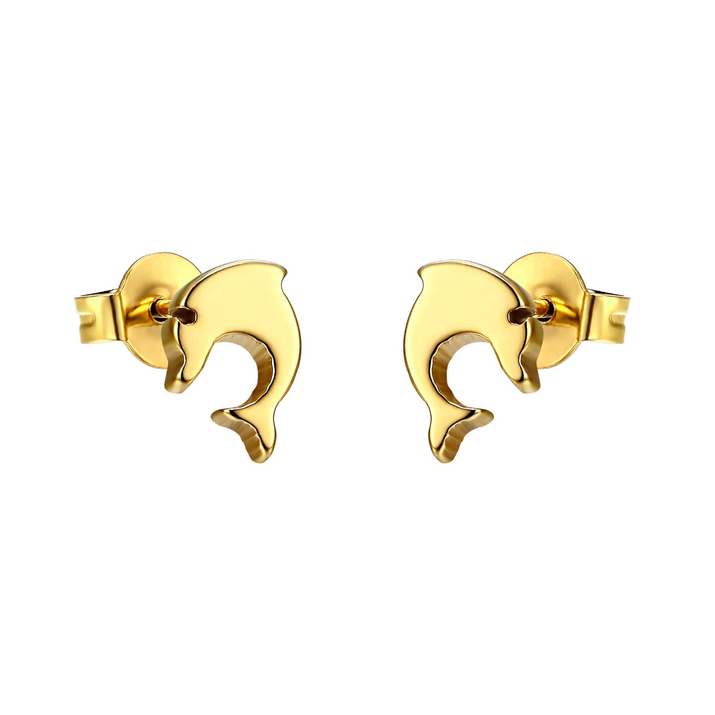 Stainless Steel Dolphin Earrings 14k Gold Plate 8mm Studs Womens Ladies Girls