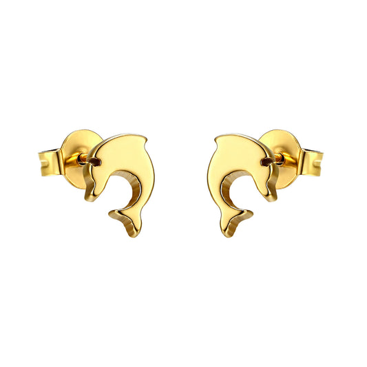 Stainless Steel Dolphin Earrings 14k Gold Plate 8mm Studs Womens Ladies Girls