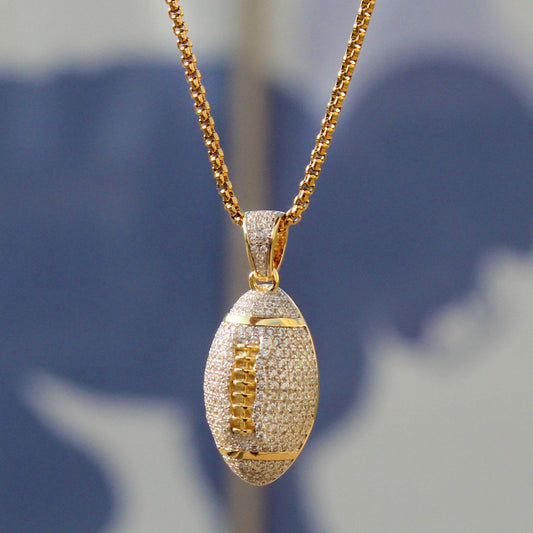Sterling Silver Men's 14k Gold Finish Bling Football Charm Pendant with 24" Free Box Chain