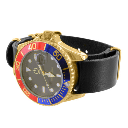 Mens Blue & Red Bezel Date Display Black Dial Jojino Watch Leather Band