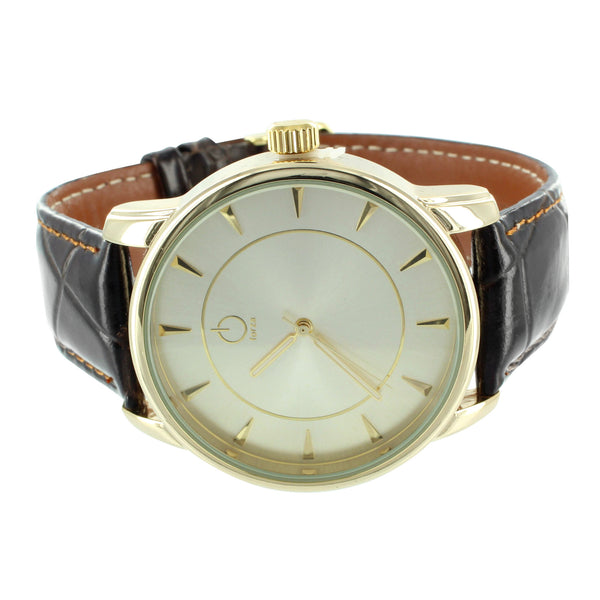 Mens Forza White Dial Leather Band Watch in 14k Yellow Gold Finish