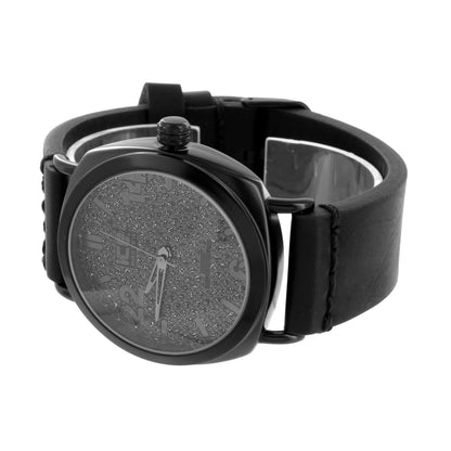 Black Finish Mens Watch Analog Leather Band Water Resistant