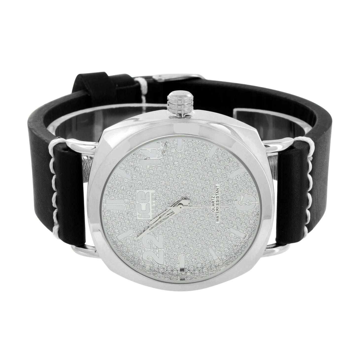 Black Leather Band Watch White Ice Mania
