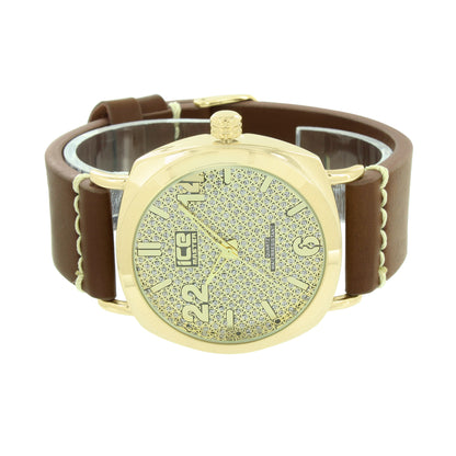 Gold Finish Watch Analog Brown Strap Lab Diamonds Stainless Steel Back