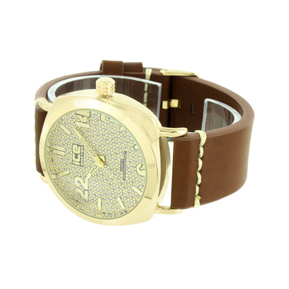 Gold Finish Watch Analog Brown Strap Lab Diamonds Stainless Steel Back